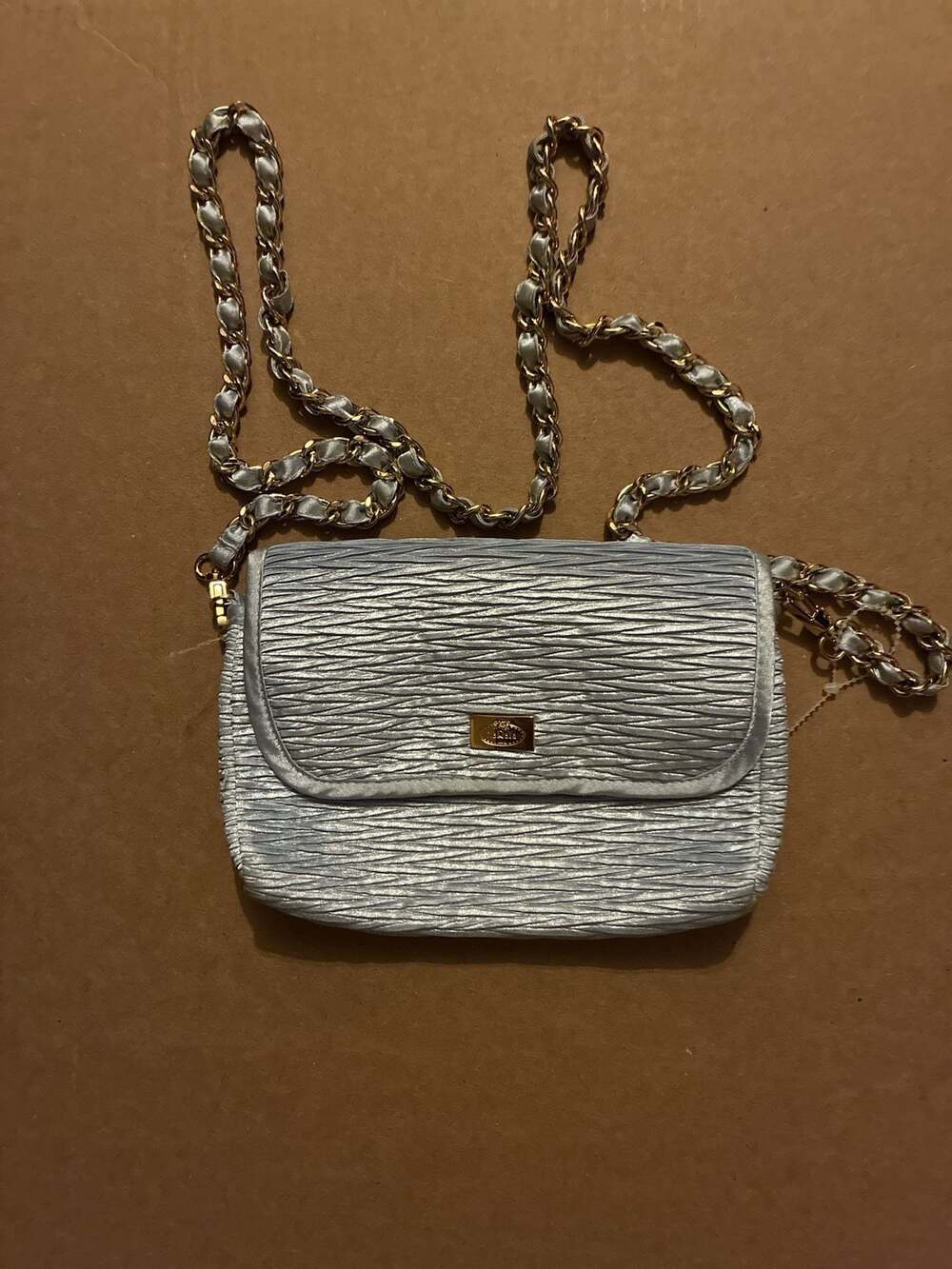 NaRaYa Metallic Silver Pleated Satin Flap Crossbody Bag with Chain Strap